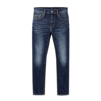 Jeans slim fit pour homme, denim en coton délavé foncé, cinq poches, classique, décontracté, pour tous les jours, avec rivets