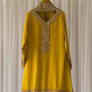 FANCY GEORGETTE <b>SEQUENCE</b> EMBROIDERY WORK <b>TOP</b> SHARARA WITH DUPATTA YELLOW - Product Image 1