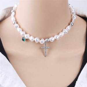 Irregular Pearl <b>Cross</b> Necklace Steel Color Clavicle <b>Chain</b> Everyday Wear - Product Image 1