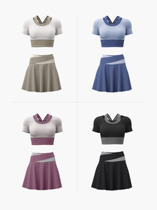 LOGO personnalisé vêtements d'entraînement pour femmes grande taille vêtements de sport 2 pièces de fitness t-shirt et jupe de tennis ensemble de yoga - Product Image 6