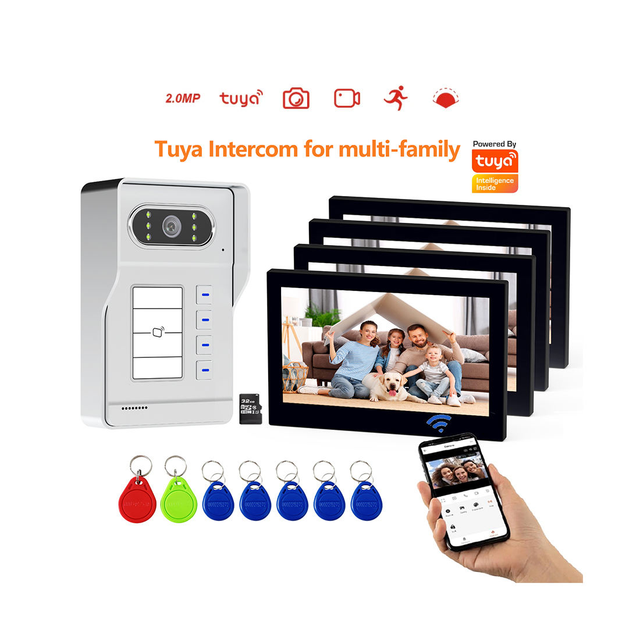 Smart 4 Units Apartment Intercom Wired 7" 1080P Monitor Video Intercom Doorbell Door Phone Audio Visual Intercom