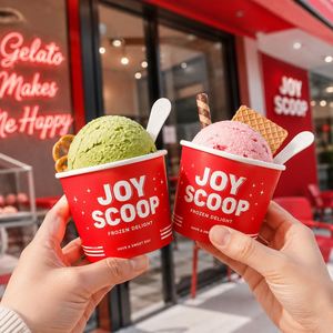 ถ้วยไอศกรีมกระดาษสีแดงพิมพ์ลายตามสั่ง สำหรับร้านเจลาโต โยเกิร์ต และขนมหวาน บรรจุภัณฑ์แบบนำกลับบ้าน รับผลิตตามแบบ (OEM) พร้อมโลโก้ ขายส่ง - Product Image 5