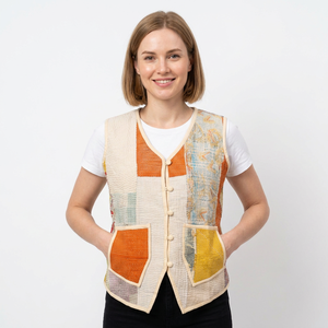 Elegante Chaleco de Algodón Kantha Hecho a Mano, Transpirable y Ecológico, con Cuello en V para Mujer, Chaqueta Corta de Invierno con Cierre de Botones - Product Image 1