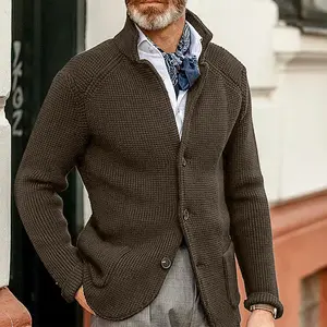 Mens dài tay áo đứng cổ Áo cardigan Áo len nút xuống Cáp dệt kim áo len S-3XL