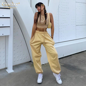 Clacive Otoño Invierno Hip Hop pantalones de chándal pantalones de algodón elástico cintura deportivo amarillo Mujer Pantalones - Product Image 2