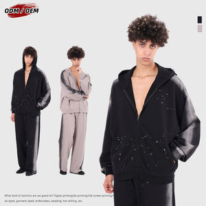 Sweat à capuche numérique d'hiver 100% coton, 430g, avec fermeture éclair YKK, style urbain, effet graffiti peint au pistolet, vintage et vieilli, zippé - Product Image 1