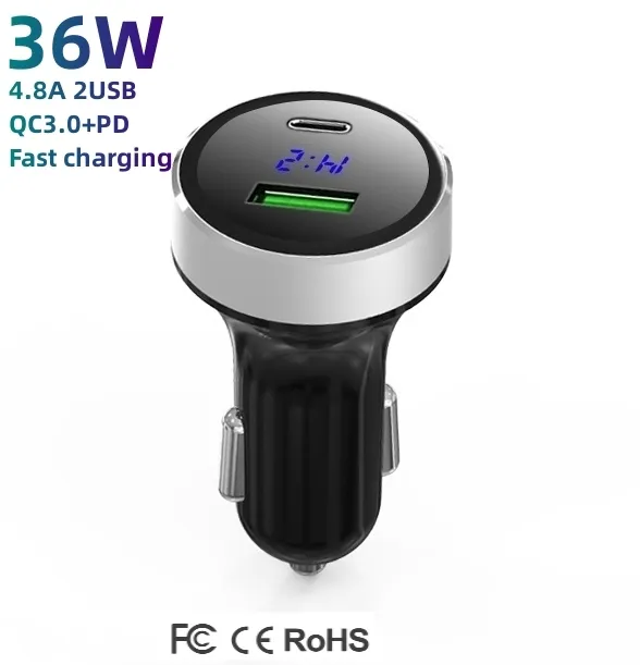 12 24V Dual USB c Port QC 3.0 Fast Car Charging 4.8A 3 usb Car Charger Adapter Pd 36W Led Display Type-C Quick Car Phone Charger