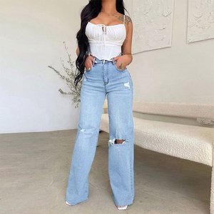 Pantalones <span class=keywords><strong>de</strong></span> pierna ancha sueltos informales con agujeros <span class=keywords><strong>rotos</strong></span> y cintura alta para <span class=keywords><strong>mujer</strong></span> al por mayor - Product Image 5