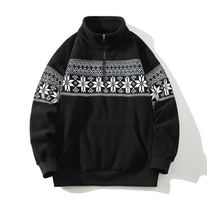 Sweat-shirt polaire vintage pour homme, col montant zippé, imprimé flocons de neige, poche kangourou, vente en gros, décontracté, hiver - Product Image 1