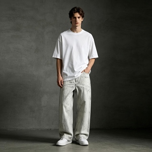 Jeans Larghi da Uomo Effetto Usurato con Macchie d'Olio, Pantaloni in <span class=keywords><strong>Denim</strong></span> Distressed a Gamba Larga, Beige Elasticizzati, Stile Vintage - Product Image 2