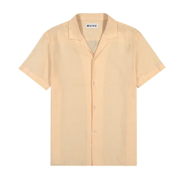 Camisa de algodão para homens, camisa de linho de manga curta estilo cubano com botões em branco com logotipo personalizado