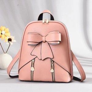 Pink Women's <b>Backpack</b> Softback Square Shape With Bow Detail Zipper Closure <b>Lightweight</b> Medium Capacity All Seasons Daily Use - Product Image 3