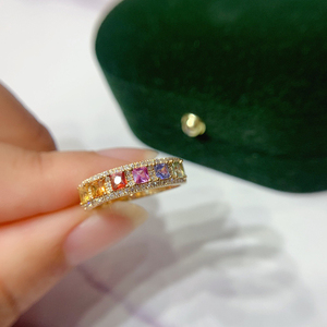 อาซูโอ 18K แหวนทองคำแท้สีเหลืองประดับสายรุ้ง แซฟไฟร์ธรรมชาติ ทรงเจ้าหญิง เพชรแท้ ของขวัญสุดหรูสำหรับเครื่องประดับงานปาร์ตี้ของผู้หญิง - Product Image 4