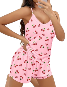 Pink Cherry Print Knitted Sleep <b>Romper</b> <b>Women</b> Sleeveless Halter Casual Summer Shorts Set Soft Spandex Cotton Pajamas - Product Image 1