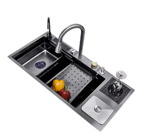 Évier de Cuisine en Acier Inoxydable Fait Main, Design Moderne, Bac Simple Multifonction, avec Robinet Extensible en Nylon
