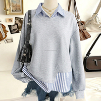 Sweat-shirt deux pièces personnalisé OEM pour femme, pull à rayures et patchwork, col superposé, ourlet surdimensionné, gris, avec capuche