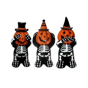 Thème d'Halloween Lot de 3 statues de squelette avec têtes de citrouille Sculpture en résine Ornements artisanaux pour la décoration de fête à la maison