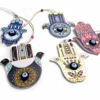 Pendentif Mural Grec Main de Fatima Hamsa en Bois, Décoration Murale, Protection Contre le Mauvais Œil Turc Bleu pour la Maison, Cadeau