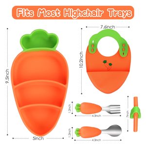 Assiette à repas en Silicone pour bébé, bol à carottes en acier inoxydable 304 fourchette cuillère vaisselle en Silicone ensemble d'alimentation pour bébé - Product Image 6