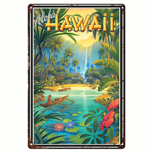 Plaque Métallique Vintage Hawaïenne de Surf, Décoration Murale Paysage Naturel des Îles Hawaïennes, pour Porche et Intérieur, 14x20cm - Product Image 1
