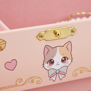 Portagioie Musicale per Bambine a Forma di Gatto da 7 Pollici, con Ballerina Rotante, Specchio e Cassetto, Rosa - Product Image 5