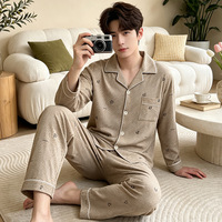 Pyjama Homme Lijia 2 Pièces Manches Longues Col Rabattu Ample Tailles L-3XL Vêtement Décontracté pour la Maison Quatre Saisons
