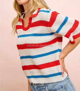 Camiseta de punto de manga corta a <span class=keywords><strong>rayas</strong></span> del 4 de julio para <span class=keywords><strong>mujer</strong></span>, roja, blanca <span class=keywords><strong>y</strong></span> <span class=keywords><strong>azul</strong></span>, patriótica, con cuello en V, estilo <span class=keywords><strong>polo</strong></span>, holgada, informal, para verano - Product Image 5
