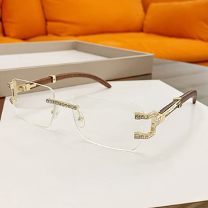 Lunettes de soleil vintage en métal et bois avec monture carrée, lunettes pour hommes style rétro, lunettes pour femmes sans monture avec strass et diamants - Product Image 6