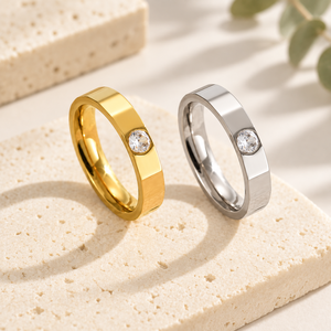 Bezel Zircon Band <b>Ring</b> Stainless <b>Steel</b> 14K Gold Vacuum Plated Minimal Polished <b>Ring</b> Gold and Silver Tone - Product Image 1