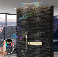 Ensemble de douche thermostatique LED de luxe avec mitigeur, système de robinetterie de bain à effet pluie, cascade et brume, monté au plafond, avec étagère de rangement pour salle de bain