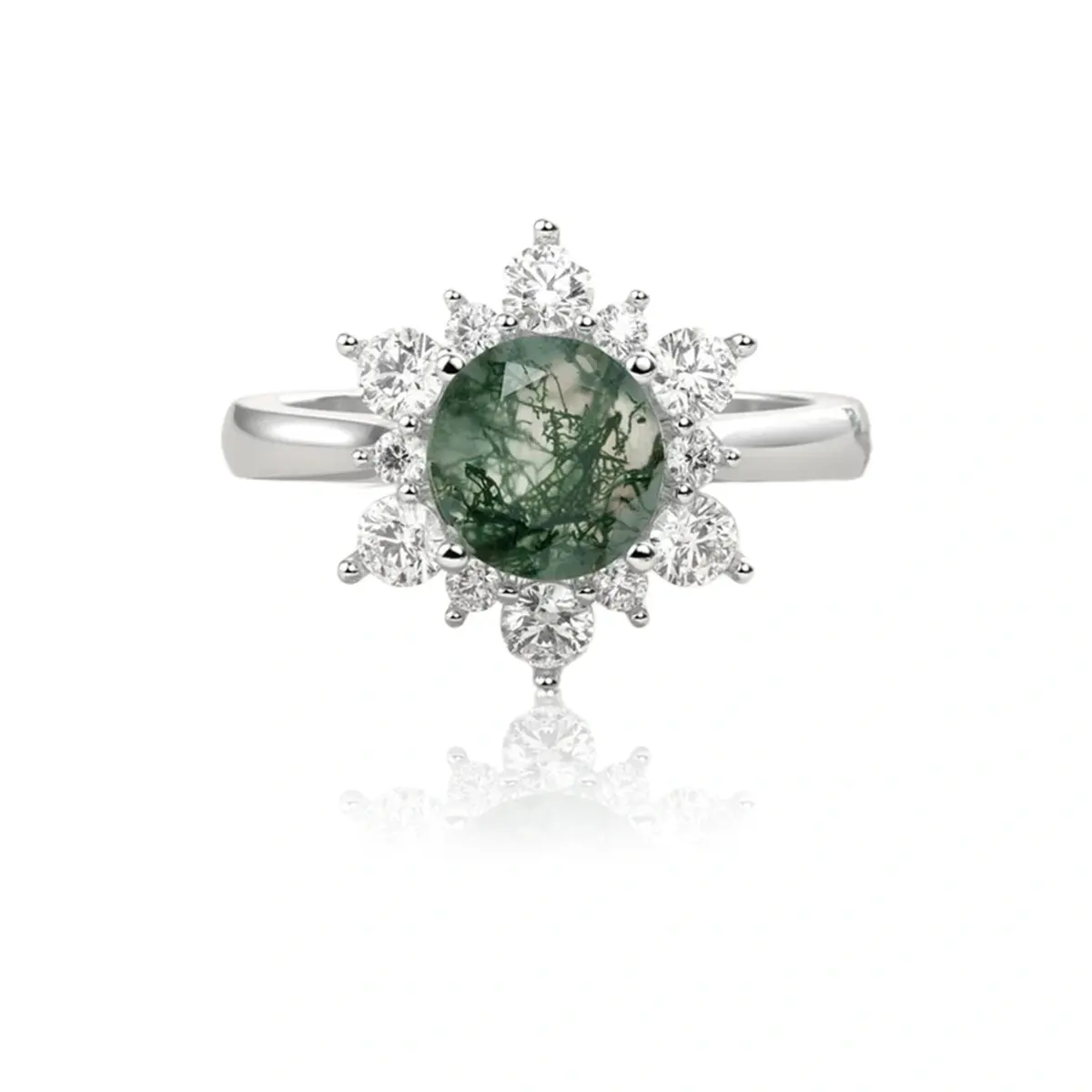 Perhiasan mode cincin Zircon kubik perak murni 925 batu akik lumut bulat untuk wanita