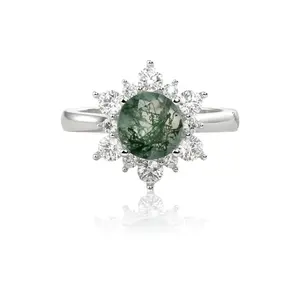 Fashion Jewelry Snowflake Round Moss Agate 925 Sterling Silver Cubic Zircon Ring For Women