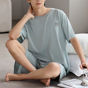 <span class=keywords><strong>Pigiama</strong></span> <span class=keywords><strong>estivo</strong></span> da <span class=keywords><strong>uomo</strong></span> morbido, set corto, leggero e traspirante, girocollo, vita elastica, abbigliamento per la casa, set in due pezzi per le vacanze a casa - Product Image 2
