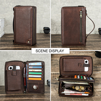 Dompet Perjalanan RFID Multifungsi Pria dari Kulit Sapi Asli, Tas Clutch untuk Ponsel, Paspor, Pena, Organizer, Slot Multi-Kartu