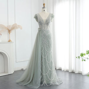 ชุดราตรีนางเงือกยาวถึงพื้นแต่งจีบ3D ลูกปัดหรูหราสำหรับผู้หญิงชุดกระโปรงคลุมตัวคอวีหรูหราสำหรับงานปาร์ตี้งานแต่งงาน - Product Image 2