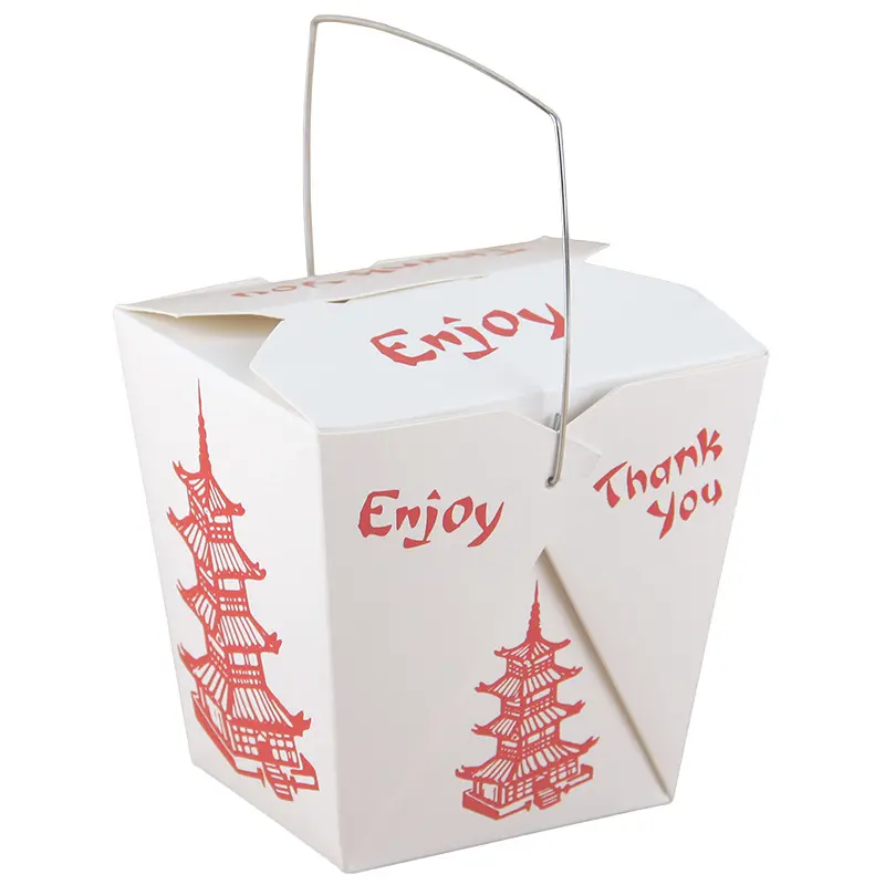 Custom Gedrukt Wegwerp Wit Karton Verpakking Voor Voedsel Afhalen Takeaway Rijst Chinese Noodle Verpakking Papier Doos Met Handvat