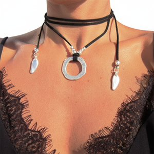 Collar tejido con colgante de anillo de diamante geométrico, collar doble para mujer Uionen 1360 - Product Image 1