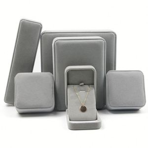 Boîtes de présentation rigides en velours gris de luxe pour bagues, organisateur rectangulaire, emballage de marque privée, boîte à bijoux - Product Image 3
