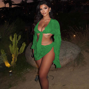 New Bikini Cover up Women 2023 Swim <strong>Wear</strong> New Sexy <strong>Long</strong> <strong>Sleeve</strong> Lace Dress Two Piece Set Solid Spandex Summer <strong>Beach</strong> for - Product Image 4