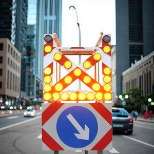 حامل قابل للطي للإنشاءات السلامة المرورية لافتة تحذير لوح شمسي وامض علامة اتجاه السهم مع ضوء - Product Image 2