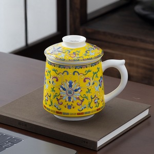 Tasse à thé en céramique émaillée Puyu avec couvercle, motif floral jaune, grande capacité, pour le bureau et la maison - Product Image 5