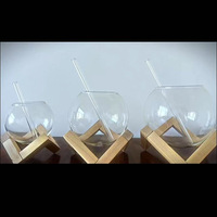Petite tasse à eau en verre transparent avec paille et support en bois – Idéale pour les boissons fraîches d'été, le thé au lait, la Coca-Cola, les milkshakes – Tasse Lune