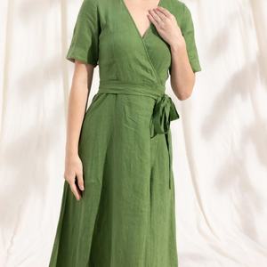 Vestido Elegante de Lino para Mujer, Verano, Nuevo Modelo con Cuello en V, Volantes, Midi, Holgado, Cintura Alta, Casual, Maxi - Product Image 4