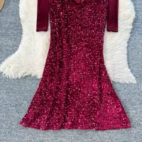 Robe de soirée élégante en sequins noirs unis pour femmes, manches longues, col en V, style sirène ajusté, occasions formelles