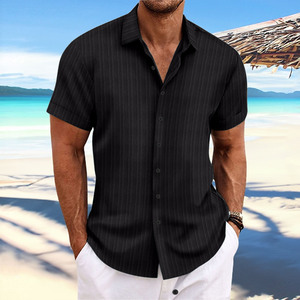 Fashion Men's Striped Jacquard Solid Color Casual Shirt Comfortable Loose Short Sleeve Hawaiian Shirt - Product Image 1