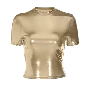 Cuero sólido cuello redondo manga corta Sexy Slim Y2K camiseta Top verano mujeres moda camisetas Streetwear Grunge ropa - Product Image 4