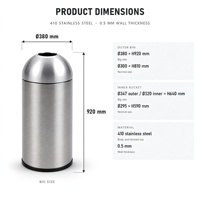 Poubelle en acier inoxydable 410 avec couvercle en dôme satiné brossé, ouverture par glissement et seau intérieur amovible
