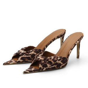 Mules à talons hauts et fins pour femme, en satin, avec nœud, motif léopard, pour l'été, la fête et l'extérieur, coupe large, taille 45 - Product Image 3