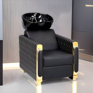 Black PU Leather Shampoo Chair with Gold Trim Contemporary Salon Furniture for Commercial Use - Product Image 3