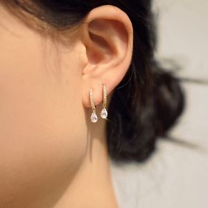 Dylam Dainty 14K Gold Rhodium Plated Fine Jewelry Dangle Pear Shape 5A Zirconia <b>Clip</b>-on Hoop Earrings for Women - Product Image 5